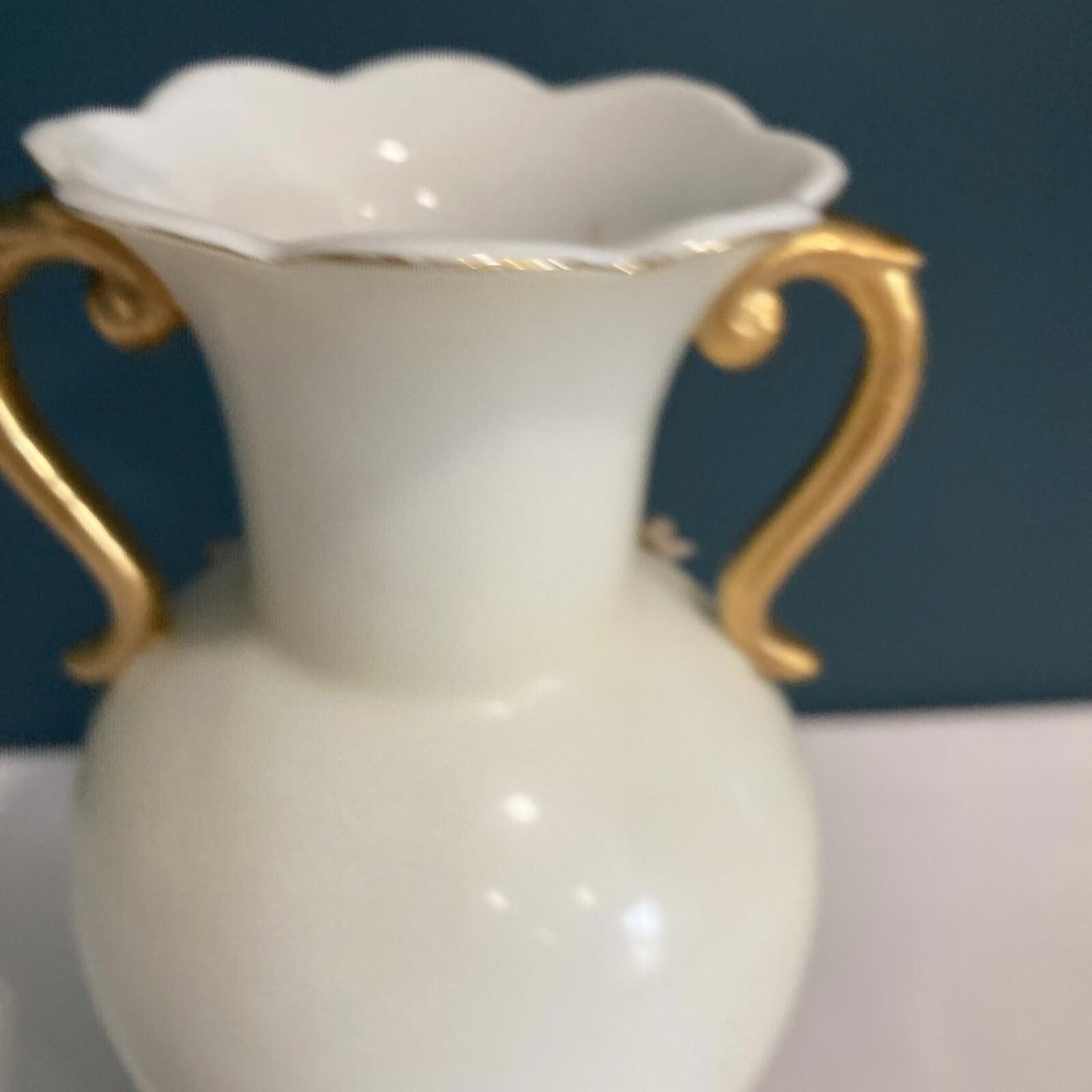 Vintage Porcelain Vase with Gold Handles and Floral Relief