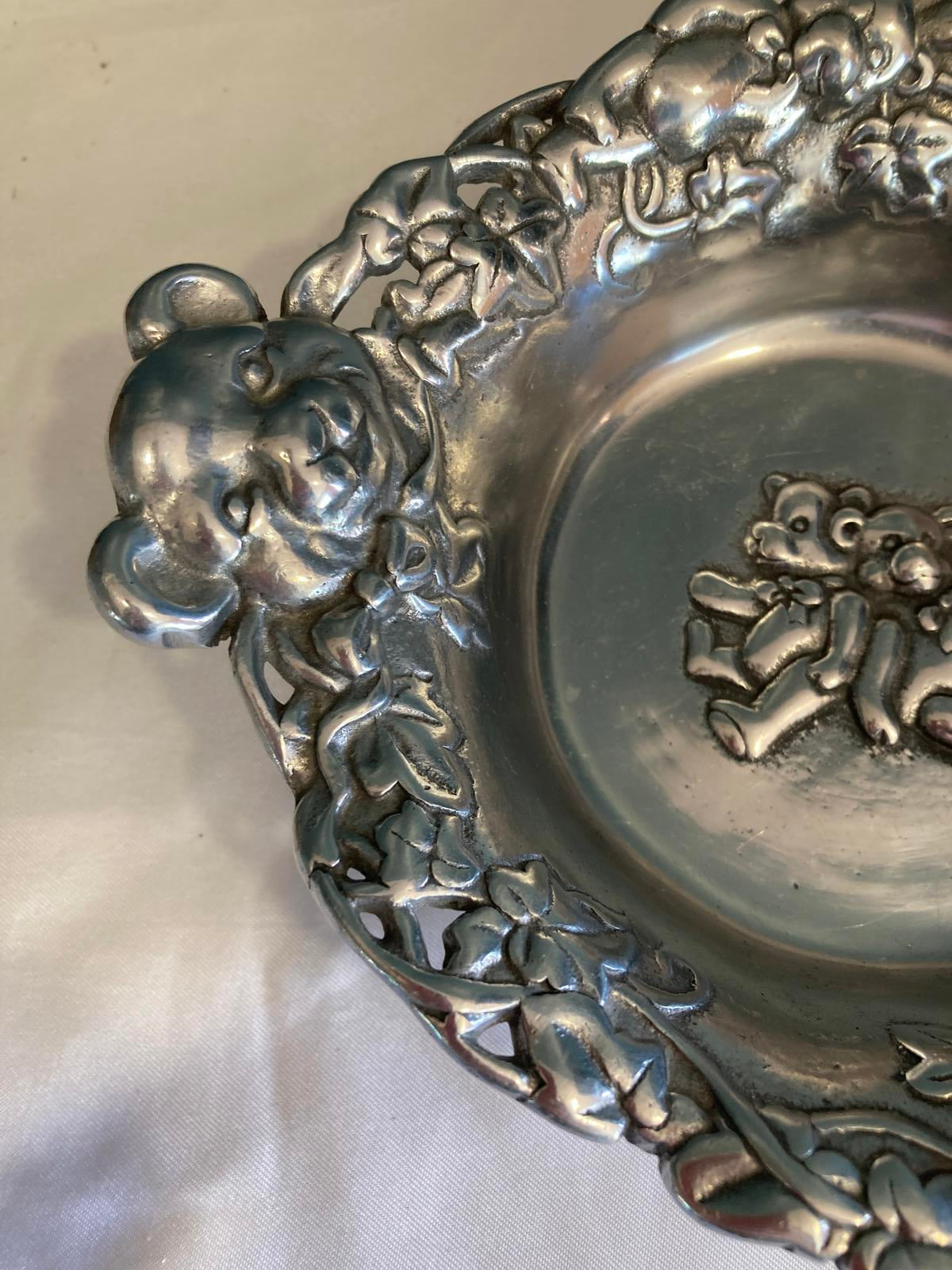 Arthur Court Teddy Bear Bowl Silver Aluminum Ornate Floral Rim