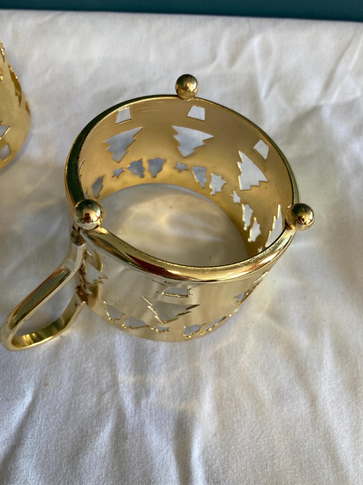 Vintage Gold Metal Cup Holders with Cutout Christmas Trees, Bells, & Stars, Set of 2