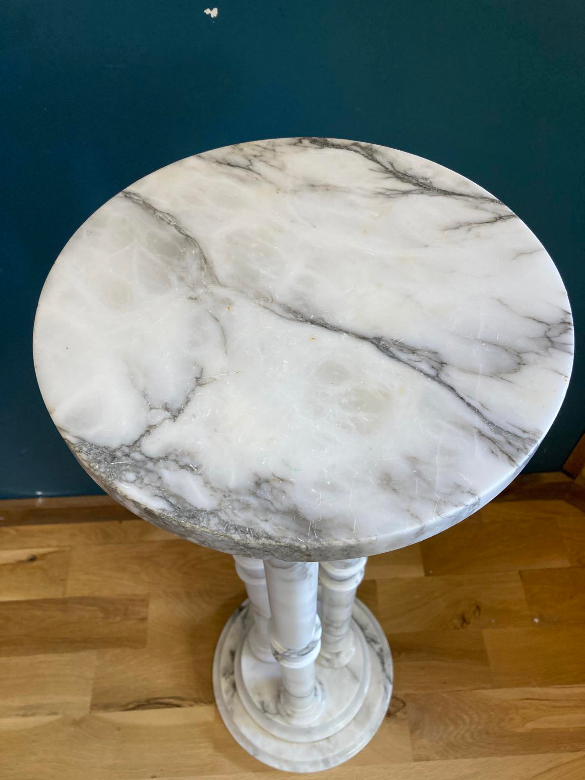 Vintage White Italian Marble Pedestal Stand with Three Columns