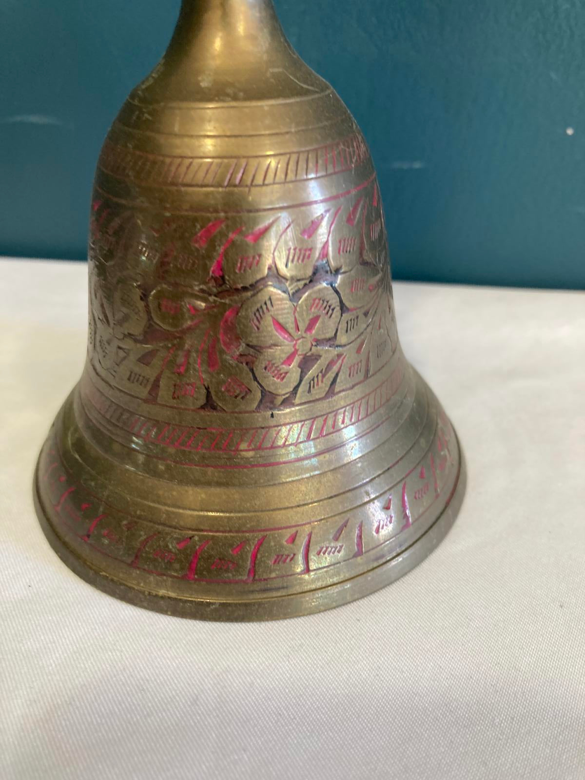 Vintage Brass Bell with Wood Handle | Etched Floral Design Dinner School Bell