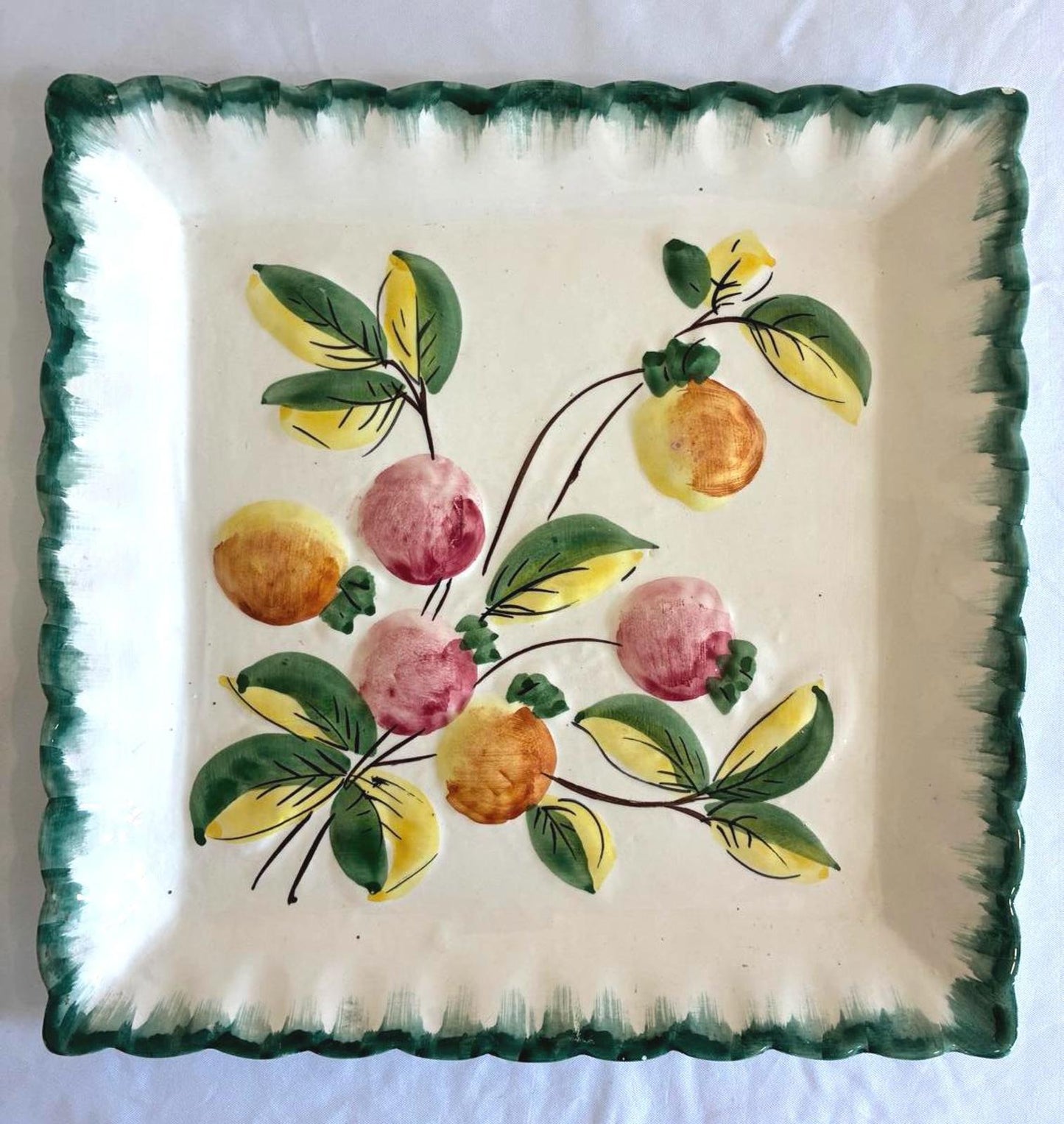 Vintage NSP Italy Hand Painted Fruit Plate Italian Pottery with Green Trim