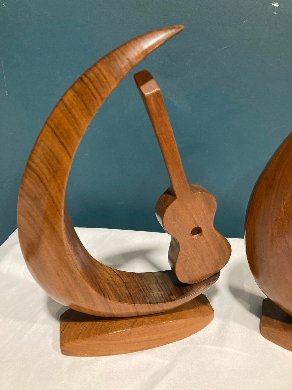 Vintage Wooden Harp & Guitar Bookends or Sculptures