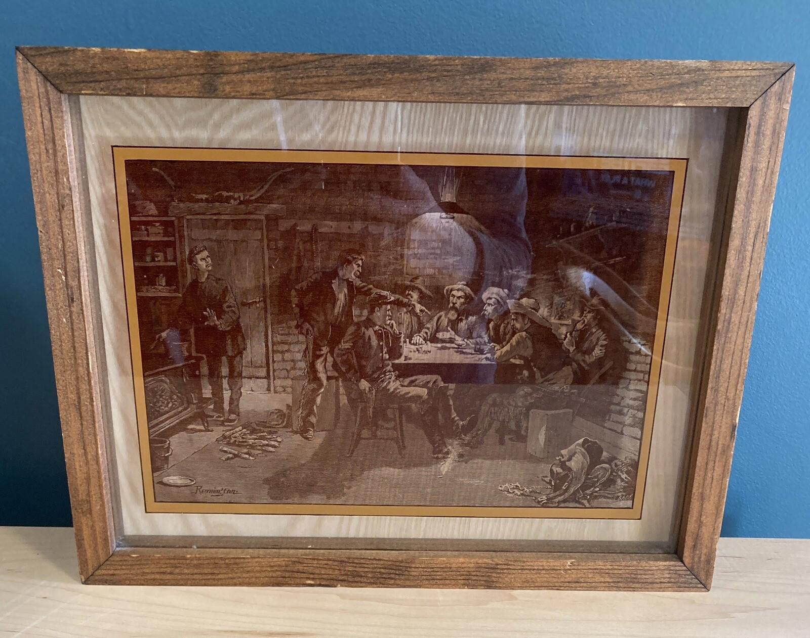 Vintage etched glass artwork by Lucid Lines showing a Western cowboy scene in wood frame, inspired by Frederick Remington.