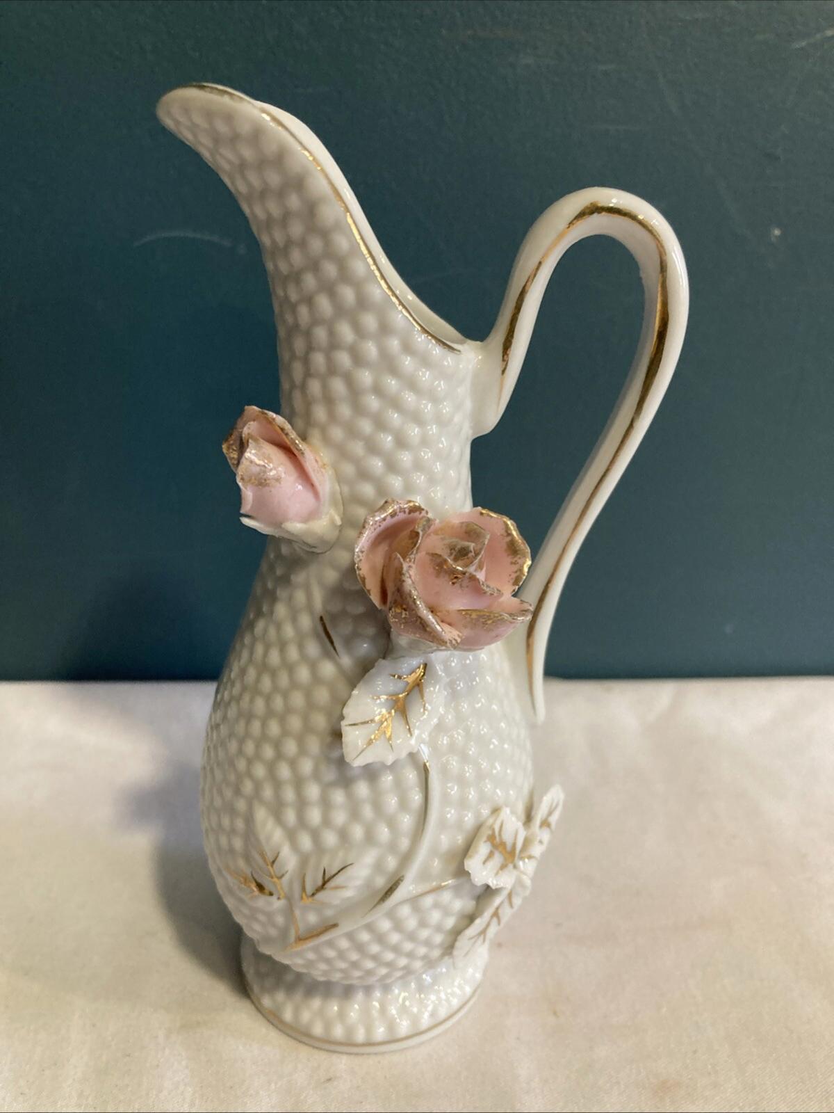 Vintage Mini Pitcher 3D Floral Design Porcelain Gold Trim White Bud Vase 5.75”