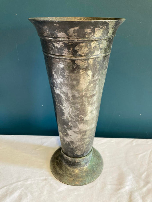 Vintage Pottery Barn Metal Trumpet Vase –Tall Patina Flower Vessel, Rustic Decor