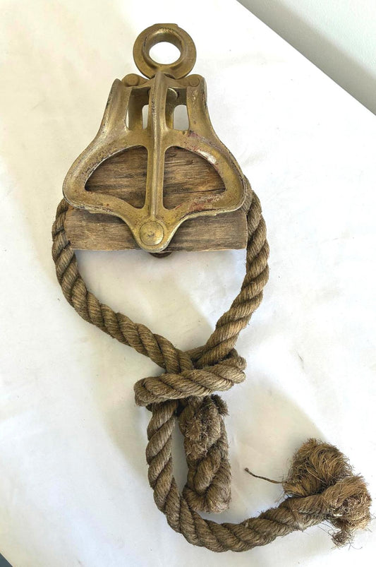 Vintage Nautical Pulley Block with Rope, Wood and Metal Maritime Decor