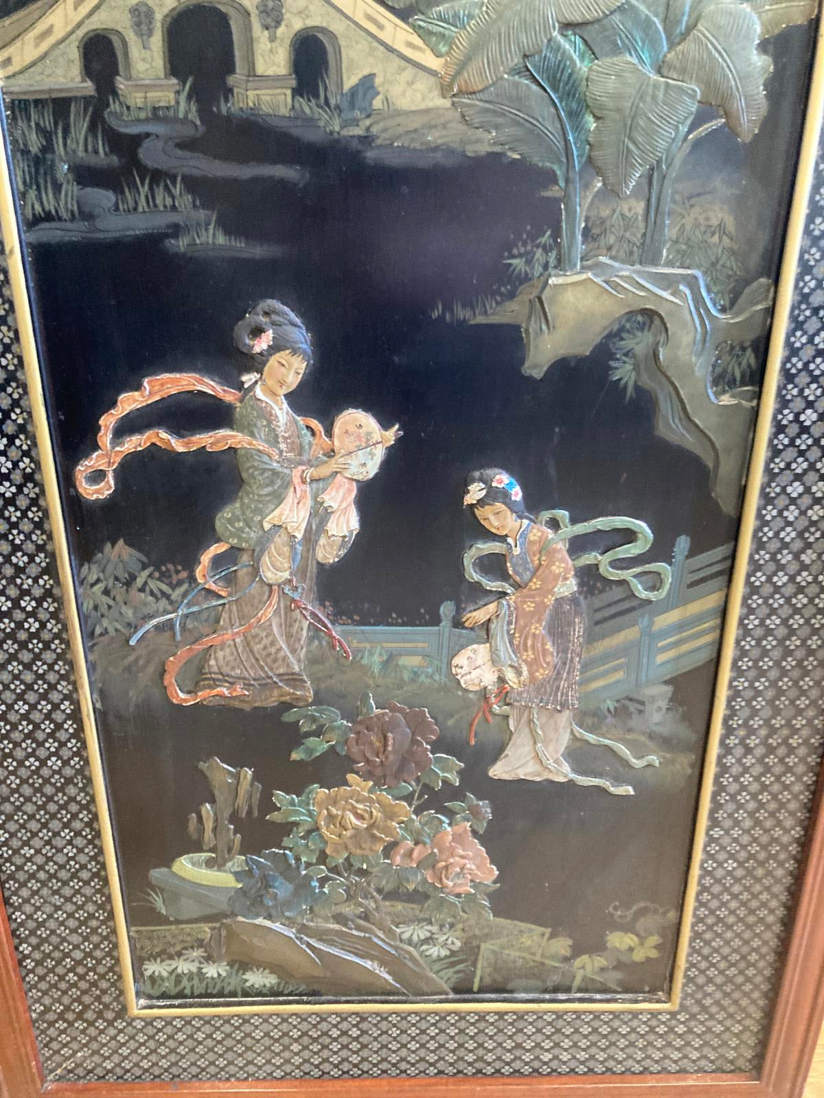 Vintage Asian Stone Inlay Wall Art with Wood Frame