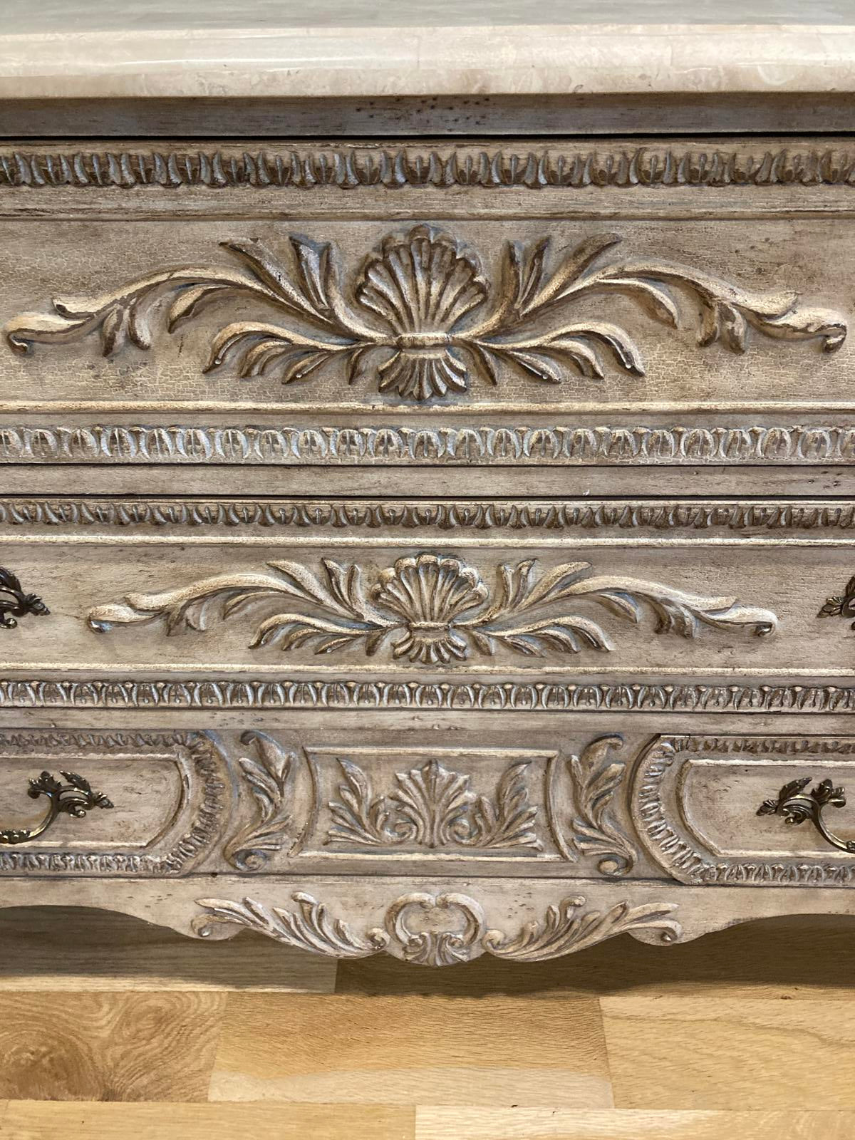 Midcentury Gustavian Style Vintage Carved Chest of Drawers – Ornate Wood Dresser