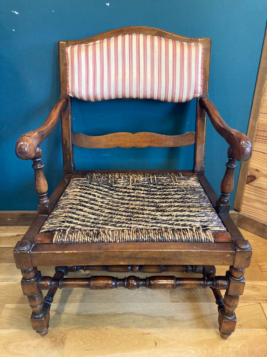 Antique Wood Armchair With Rush Seat & Striped Upholstered Back