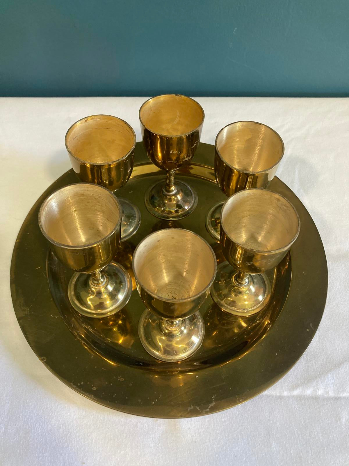 Vintage Solid Brass Goblet Set with Tray – 6 Small Cups & Serving Tray R Albanez