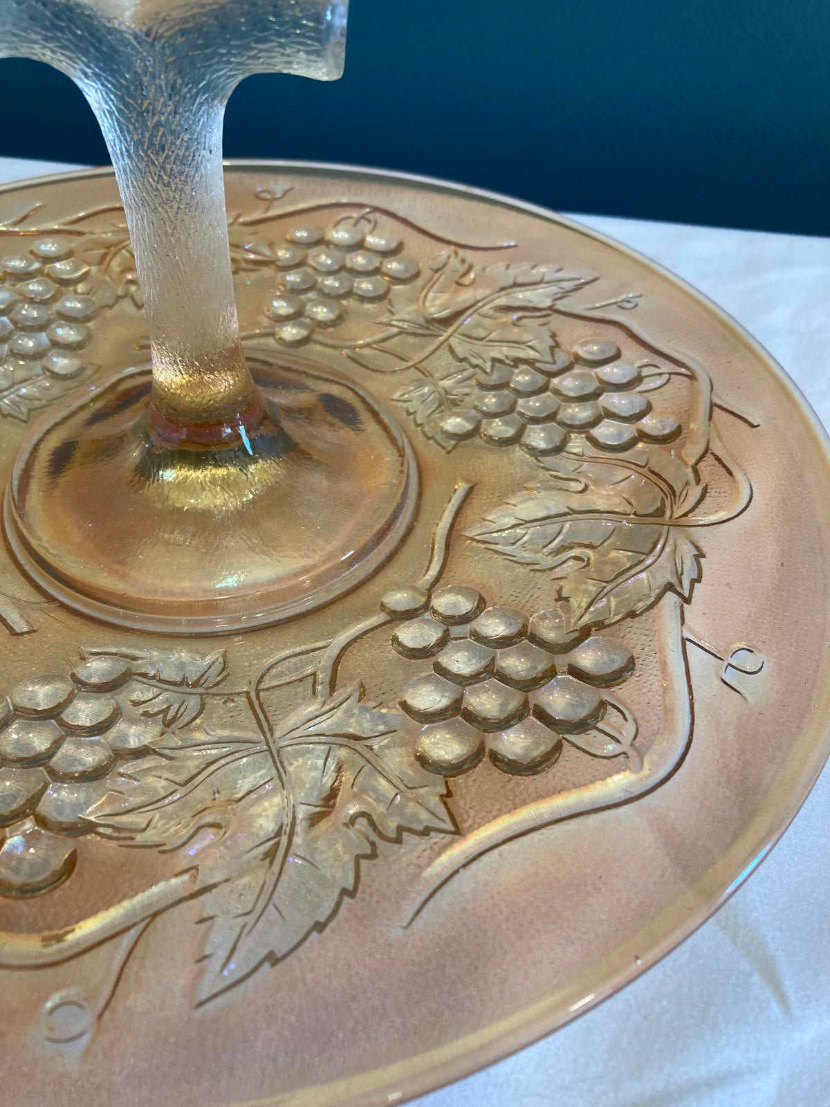 Vintage Amber Glass Cake Stand with Grape Design