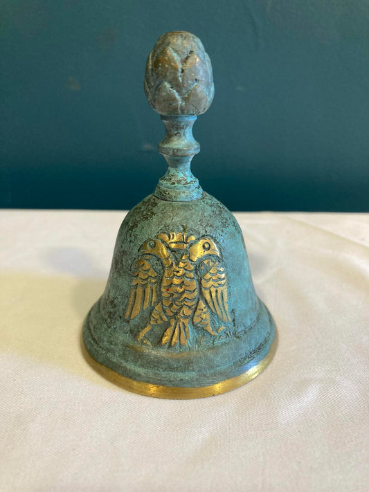 Vintage Green & Gold Brass Bell w/ Double-Headed Eagle – Ornate Finial, 3” Tall