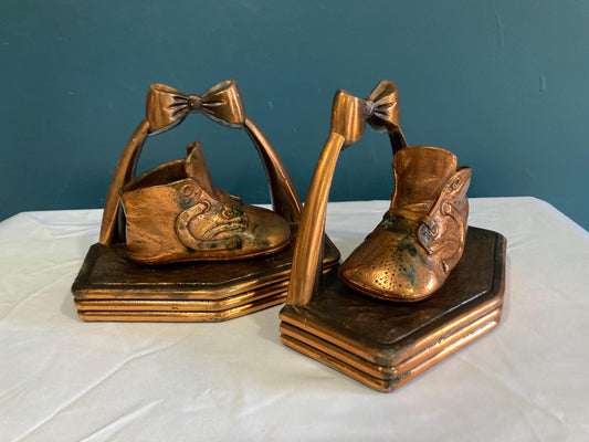 Vintage Cast Bronze Baby Shoe Bookends, Set of 2