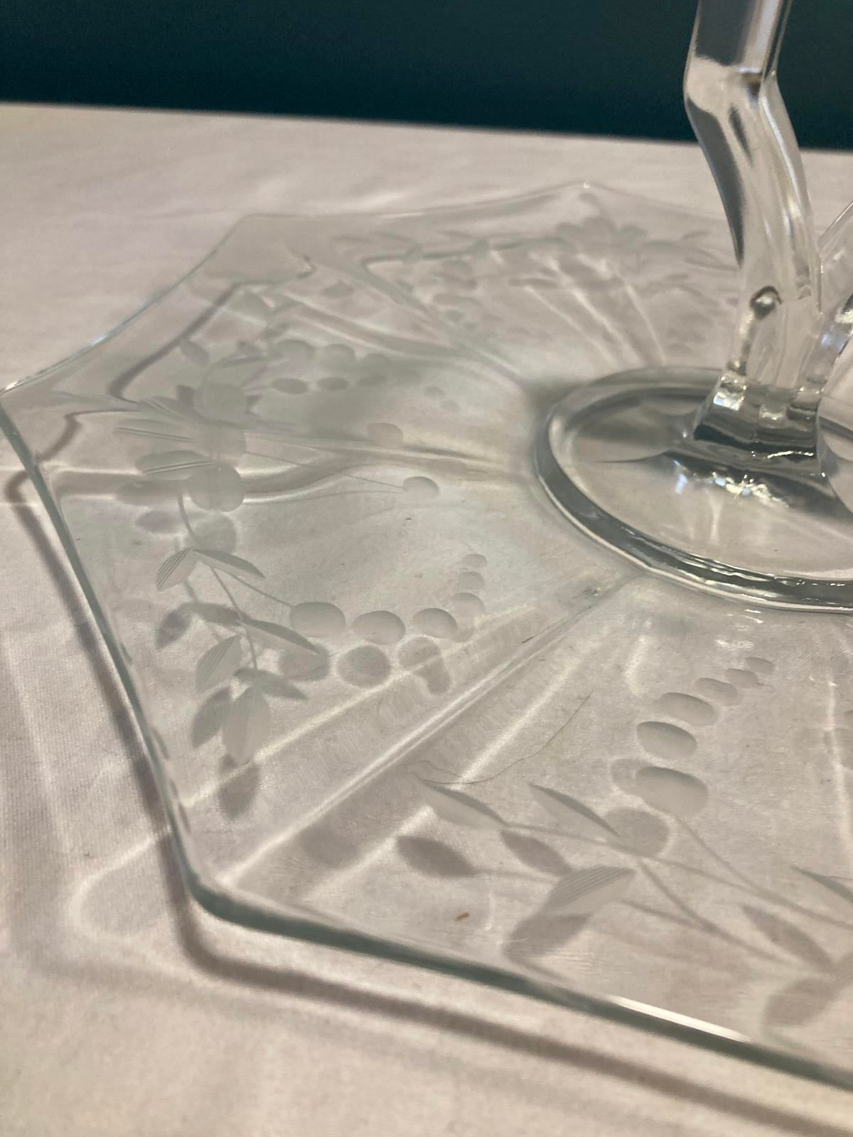 Vintage Etched Glass Cake Plate with Handle