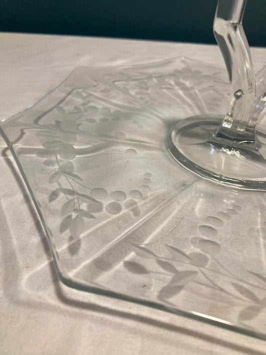 Vintage Etched Glass Cake Plate with Handle
