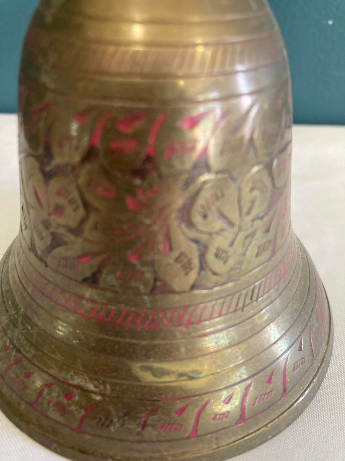 Vintage Brass Bell with Wood Handle | Etched Floral Design Dinner School Bell