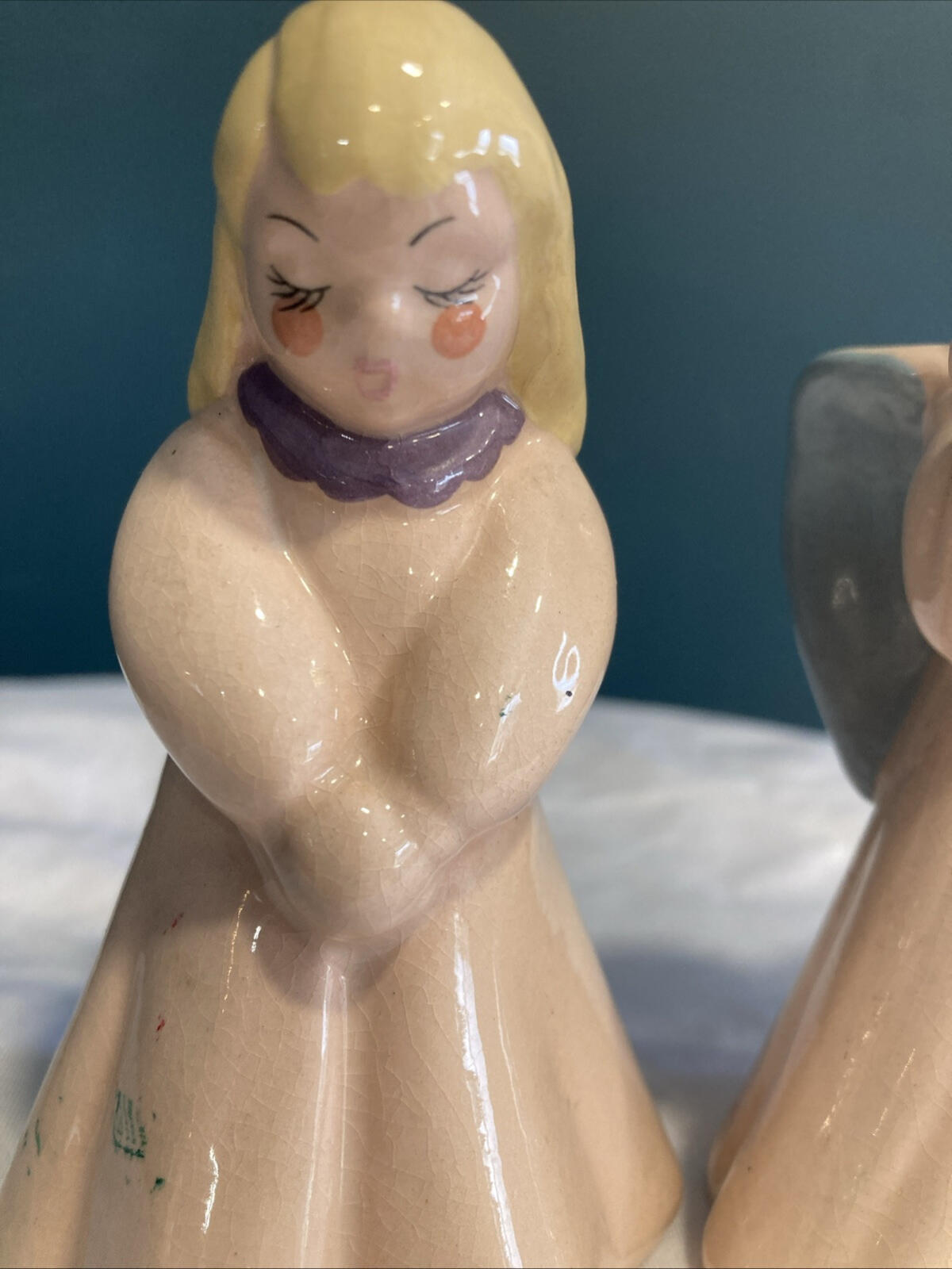 Vintage Kay Finch Praying Angel Figurines California Pottery Pink Blue Wings