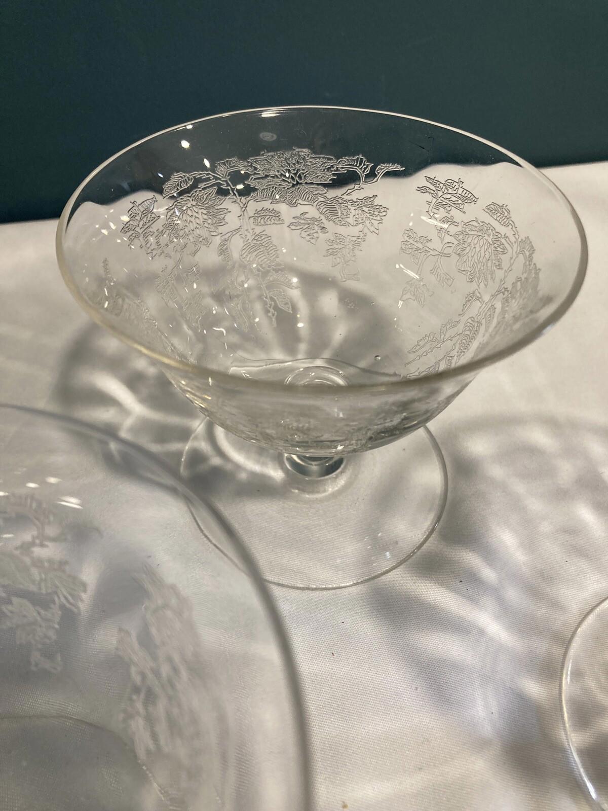 Tiffin Etched Rose Sherbet Dessert Dish, Set of 3, Vintage Floral Dish