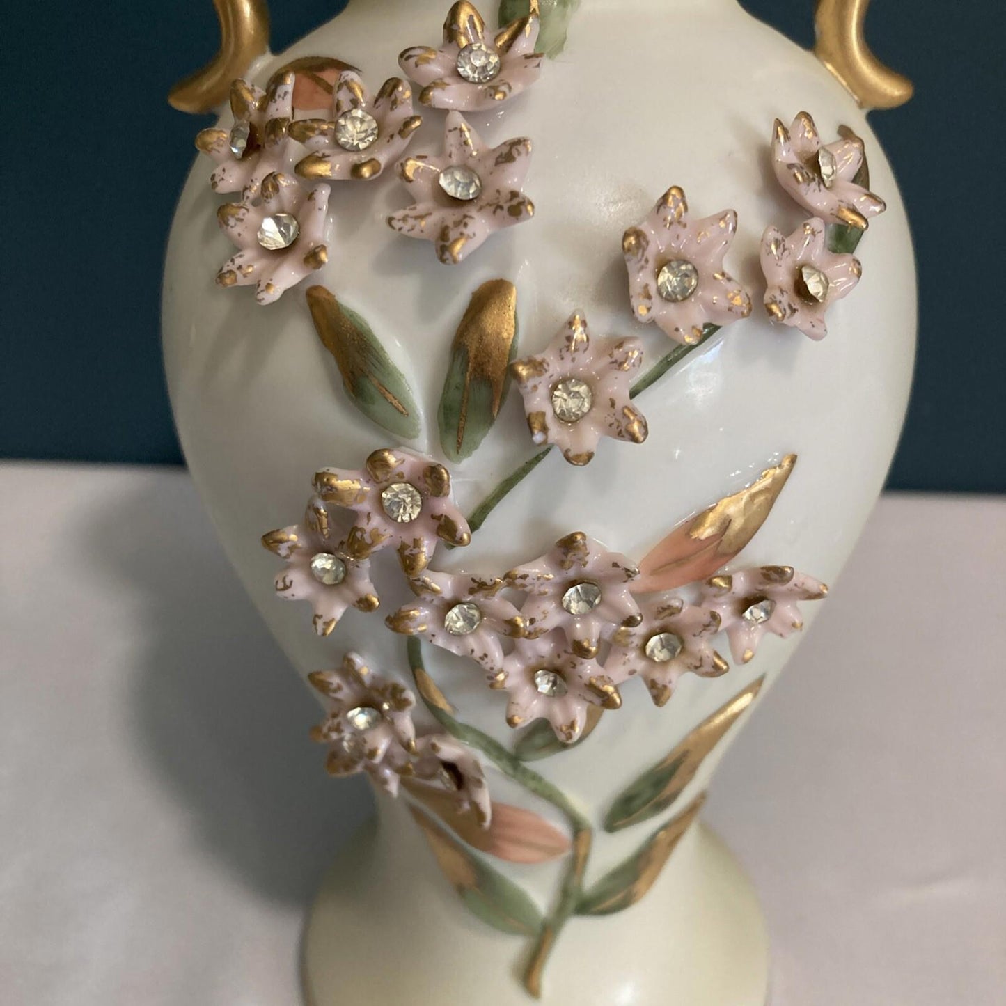 Vintage Porcelain Vase with Gold Handles and Floral Relief