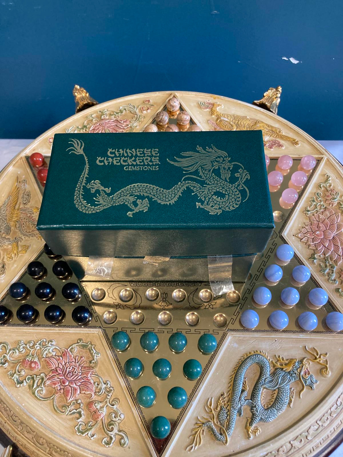 Vintage Franklin Mint Chinese Checkers Dragon Game With Semiprecious Gemstones