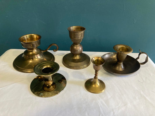 MIdcentury Brass Candlestick Holders – Mismatched Set of 5