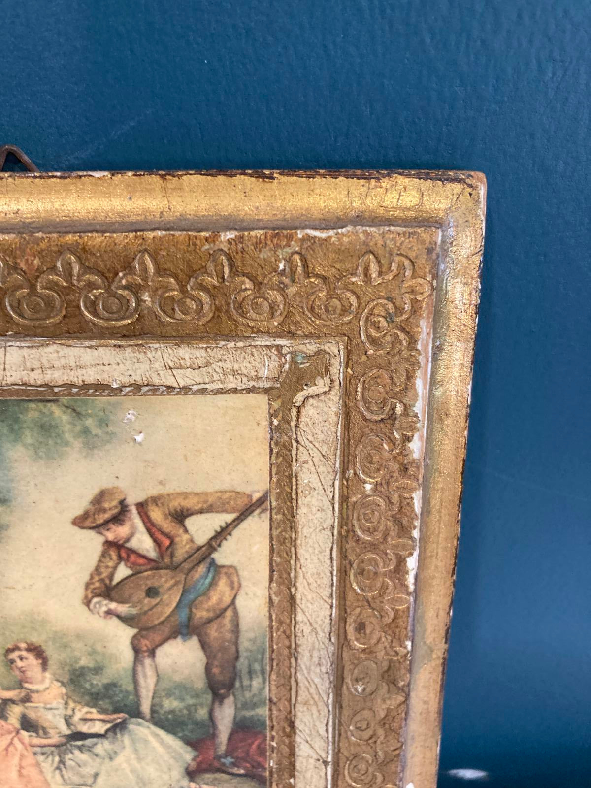 Vintage Italian Gold Framed Romantic Scene on Wood