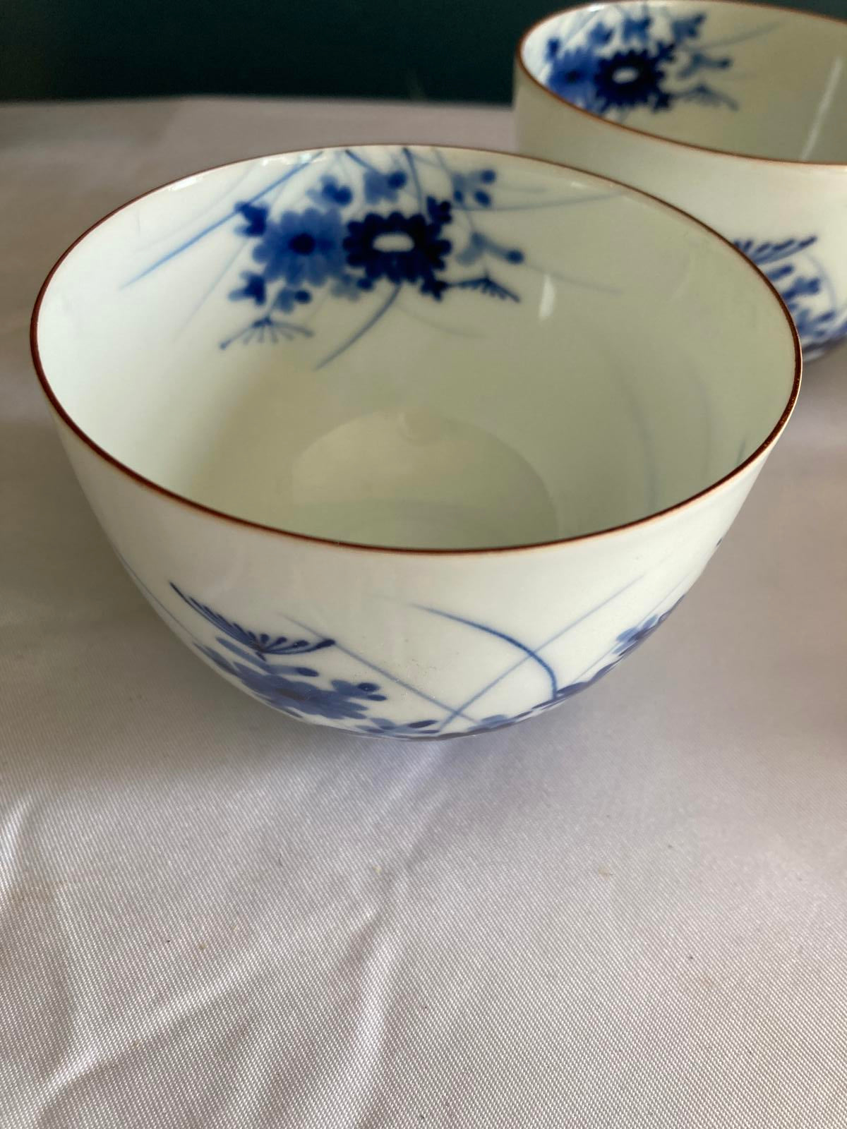 Vintage Blue & White Porcelain Japanese Tea Cups – Floral Pattern – Set of 4
