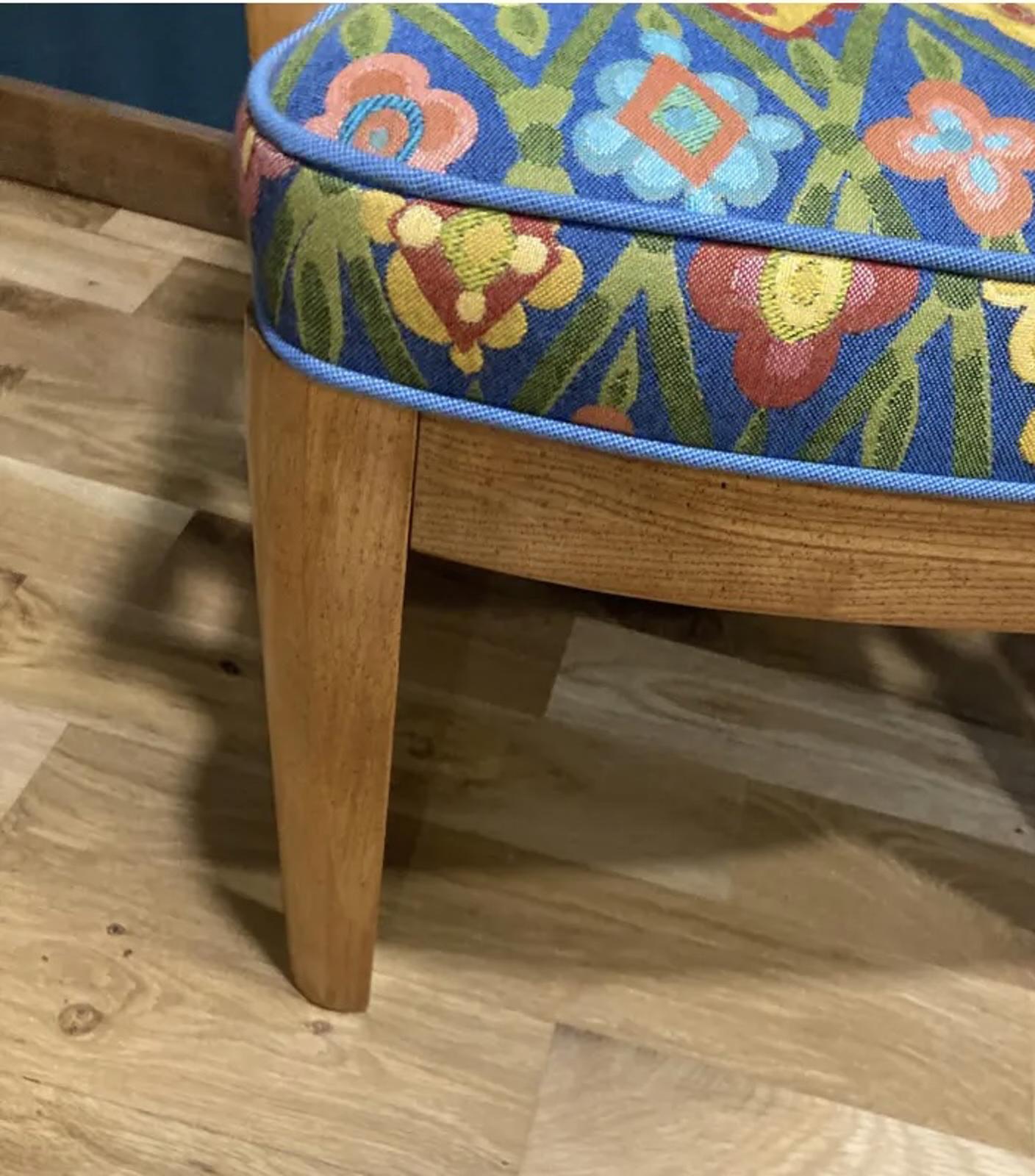 Vintage Cane Back Accent Chairs with Blue Floral Upholstery, Set of 2