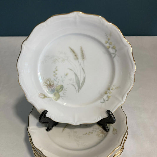 Decorative white plate with floral design on a stand against a dark background
