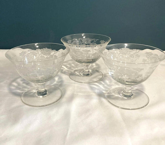 Tiffin Etched Rose Sherbet Dessert Dish, Set of 3, Vintage Floral Dish