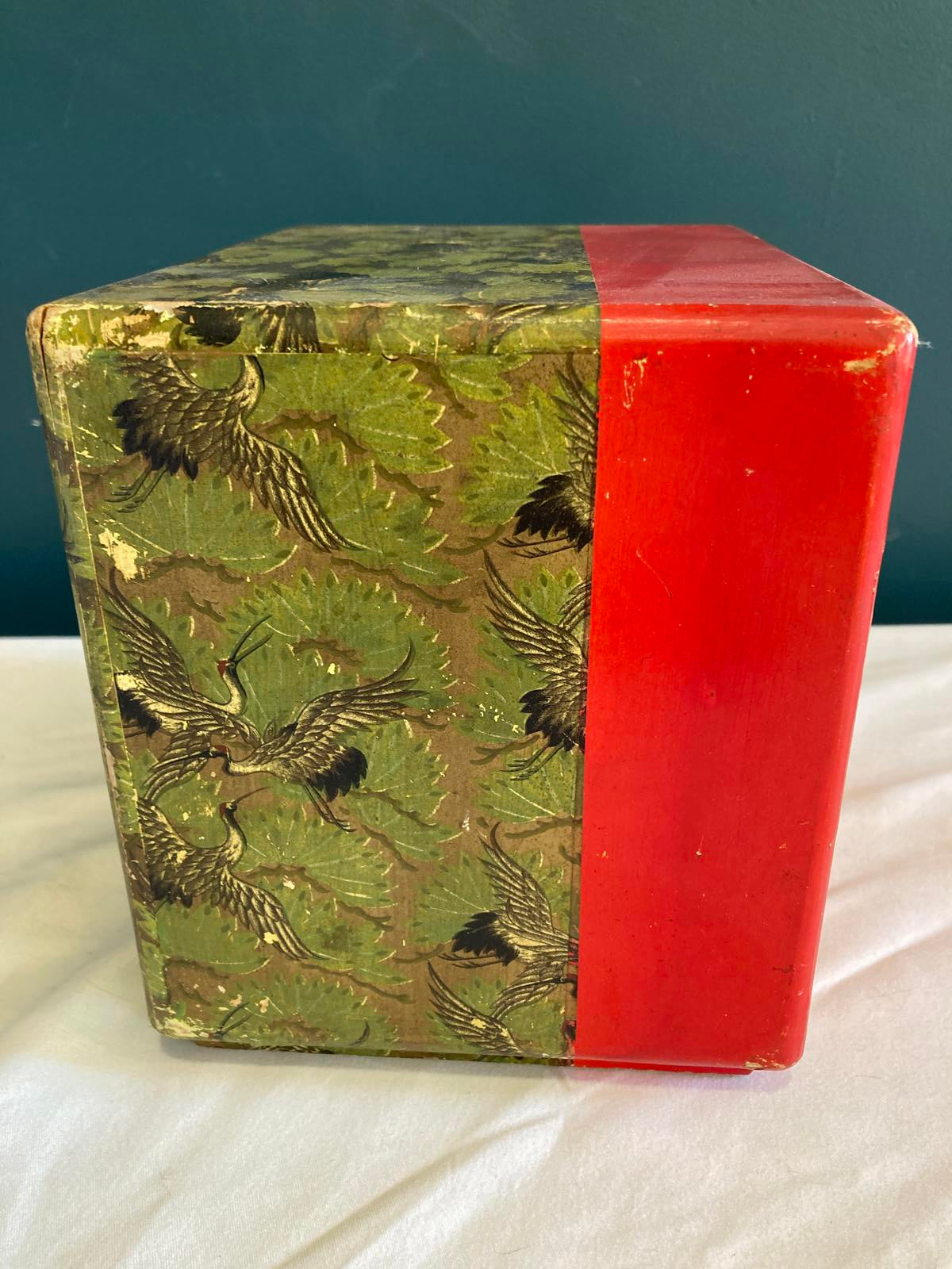 Early 20th Century Japanese Small 3 Drawer Box With Papered Cranes