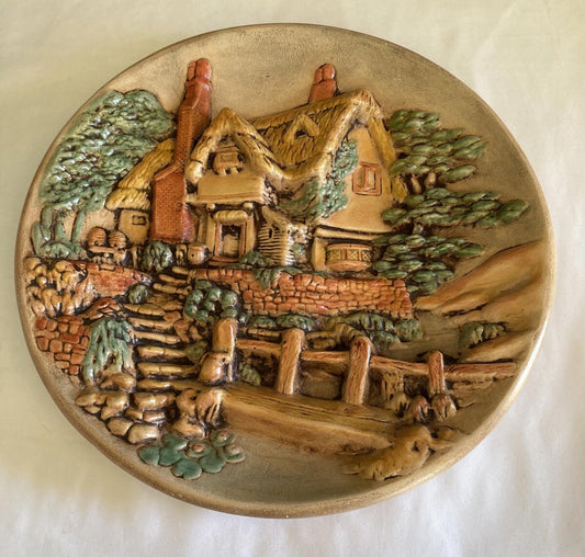 Vintage 3D Ceramic Wall Art Plate – Hand Painted Cottage Scene 11”