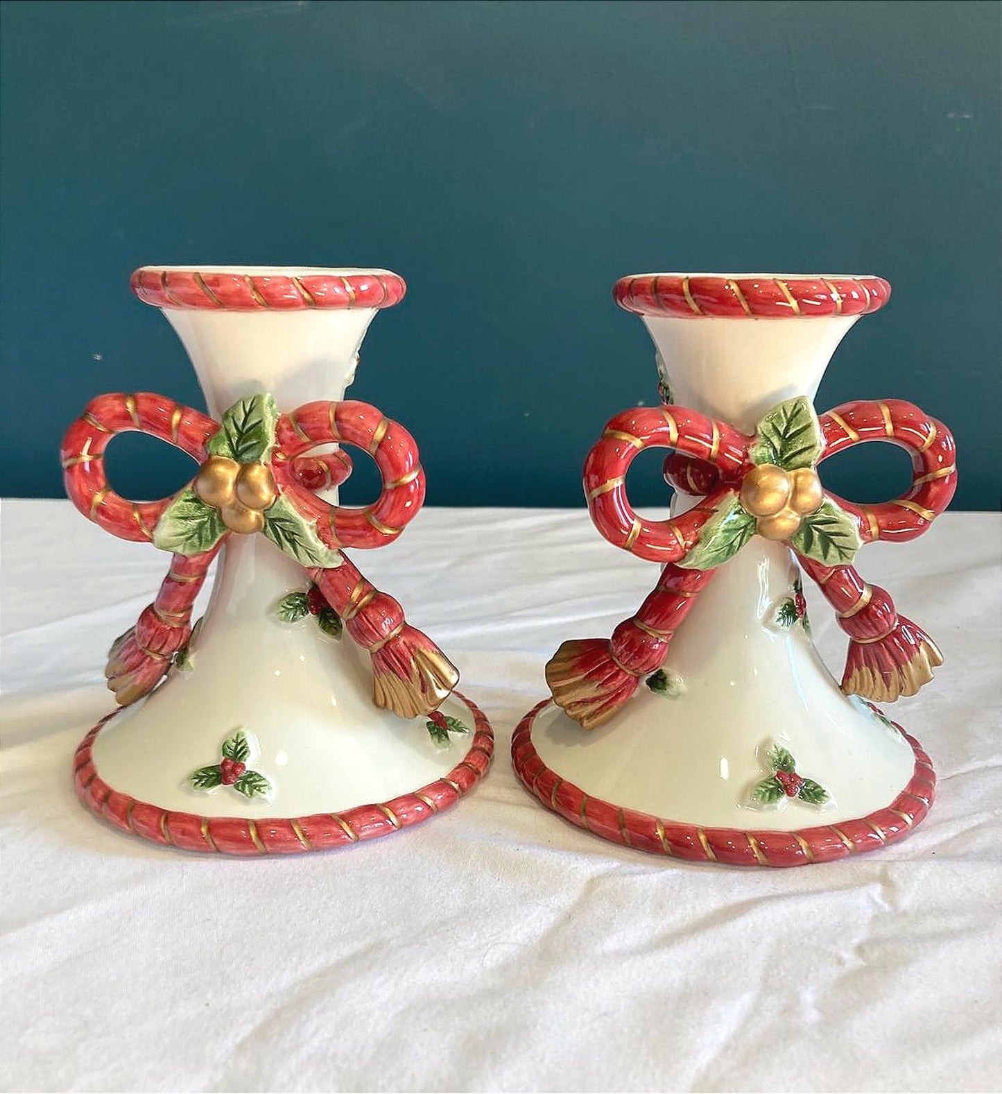 Vintage Fitz & Floyd Christmas Bow Ceramic Candlesticks