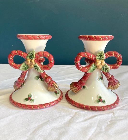 Vintage Fitz & Floyd Christmas Bow Ceramic Candlesticks