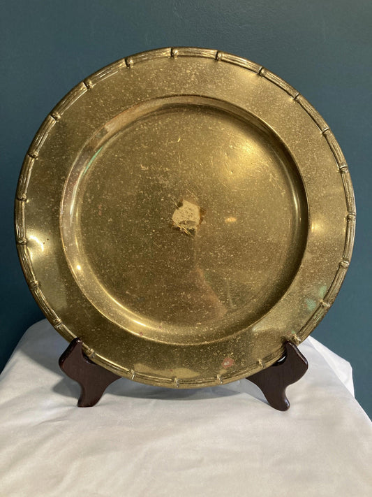 Vintage Solid Brass Plate – Faux Bamboo Edge – Hollywood Regency Style – 10.75"