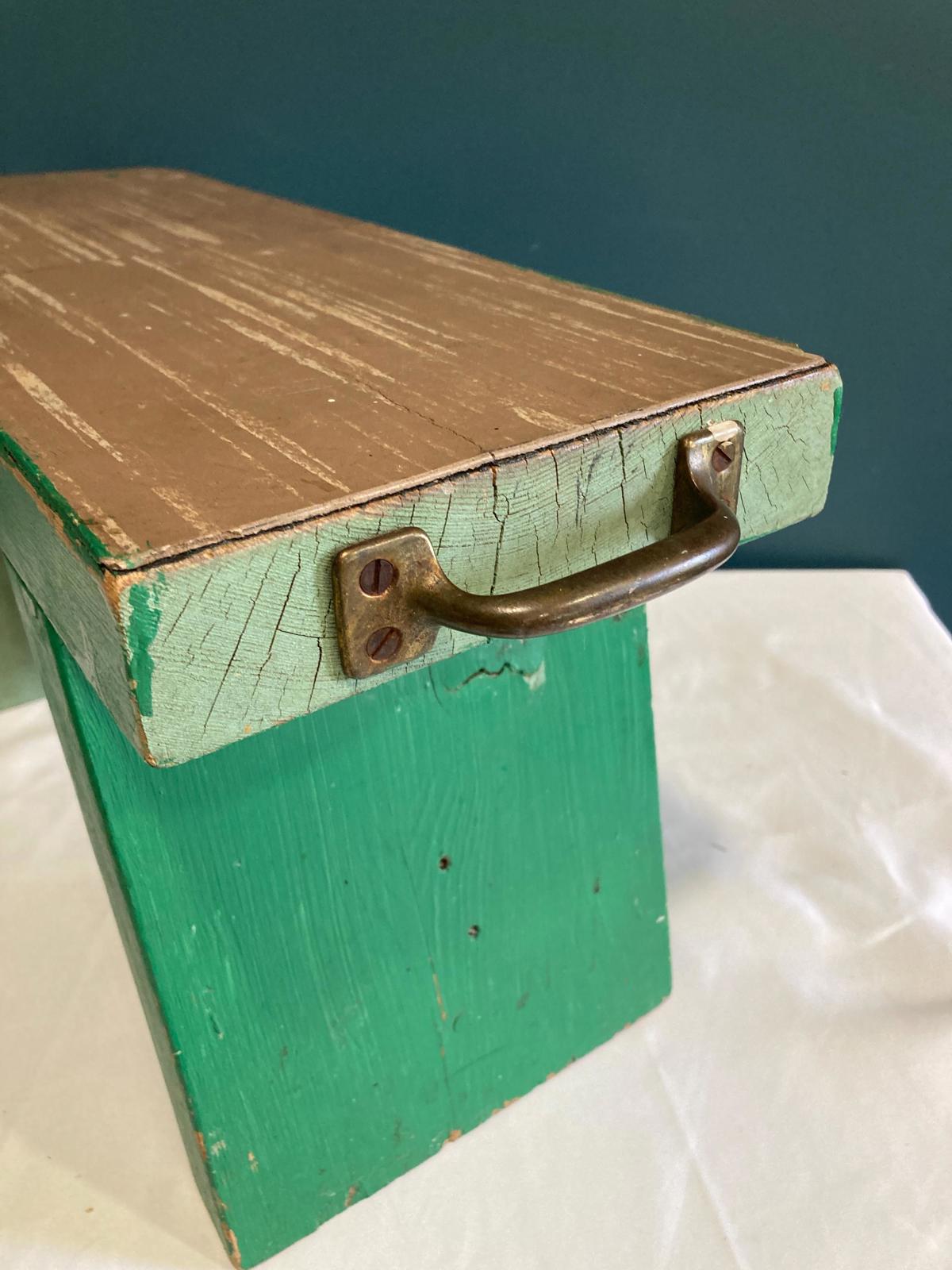 1970s Vintage Green Solid Wood Stool With Handle