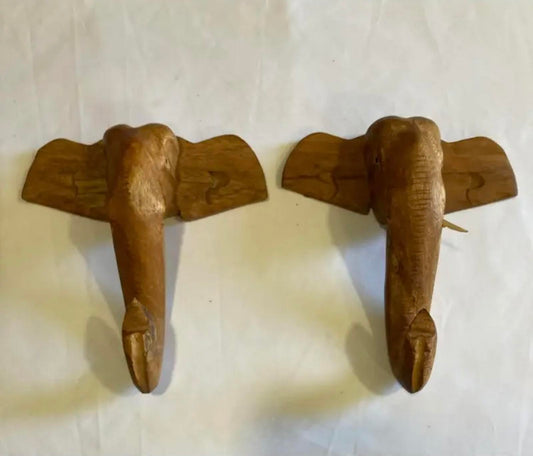Pair of Hand Carved Wooden Elephant Wall Decor – Rustic Safari Decor
