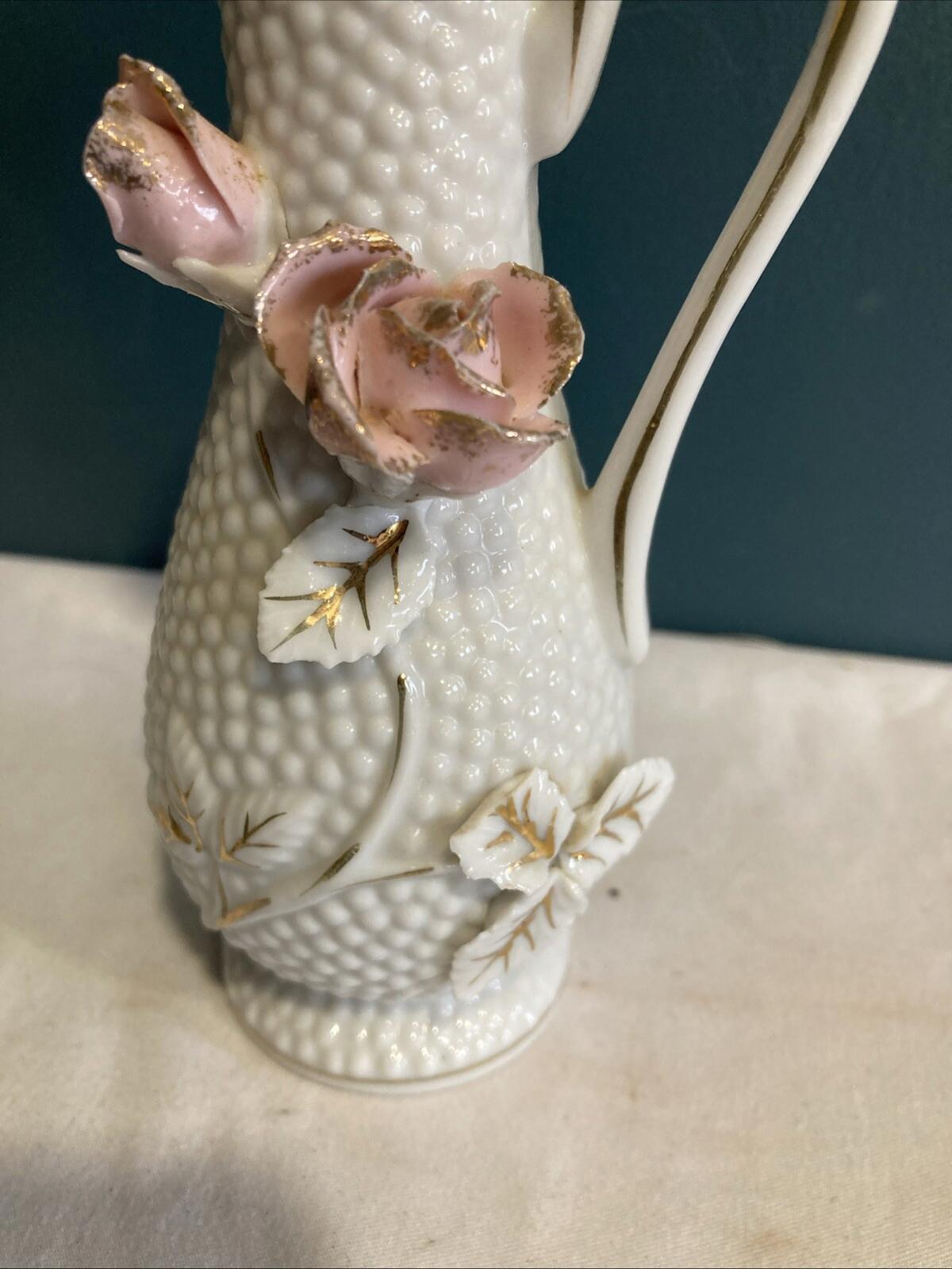 Vintage Mini Pitcher 3D Floral Design Porcelain Gold Trim White Bud Vase 5.75”