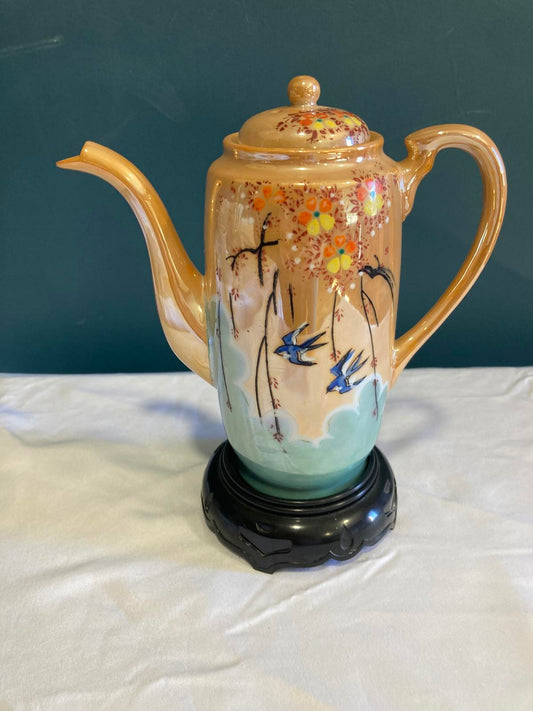 Vintage Hand Painted Porcelain Japanese Teapot with Swallow Birds