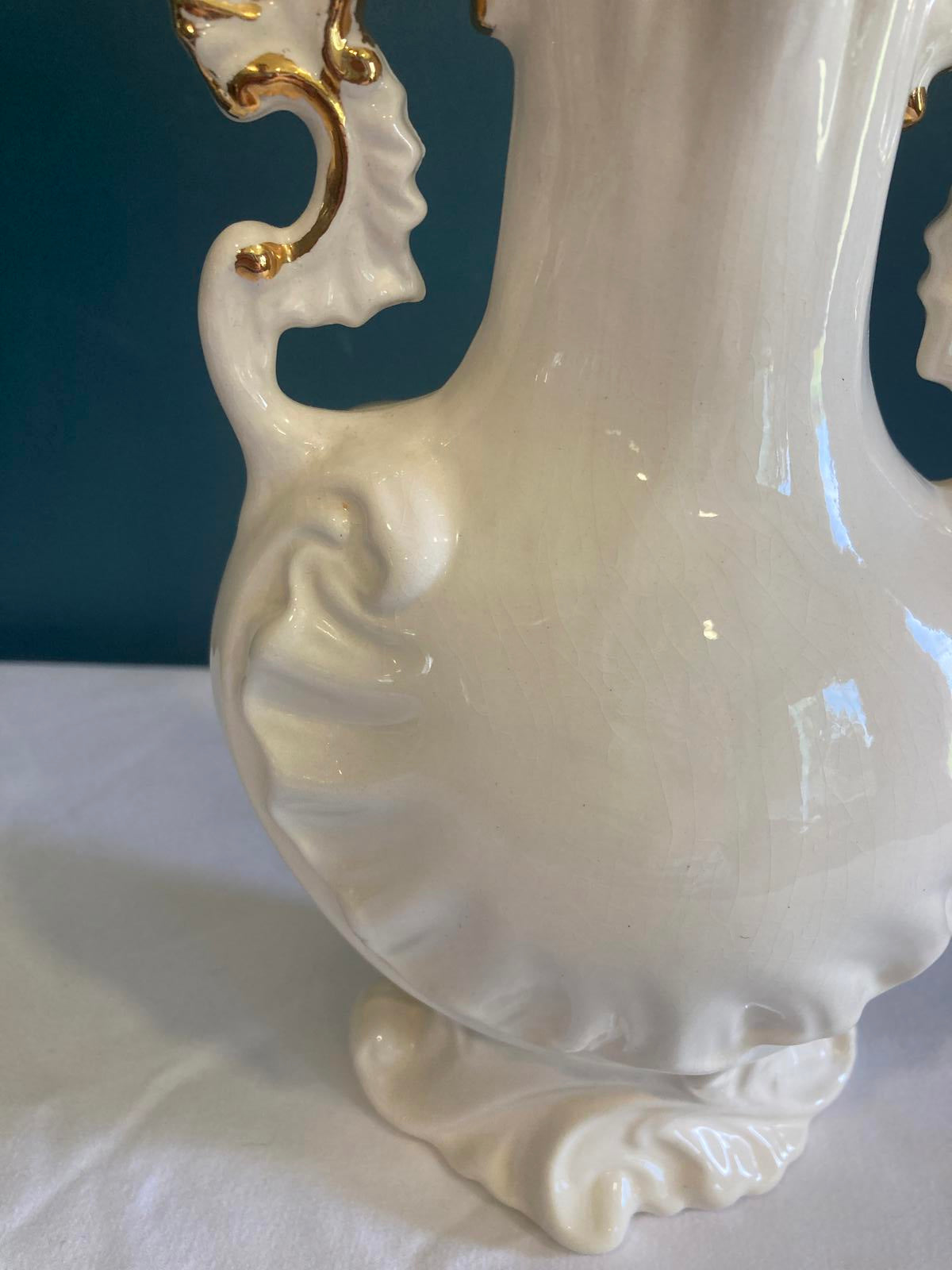 White Ceramic Vase with Gold Trim – Rococo Revival Scroll Handles