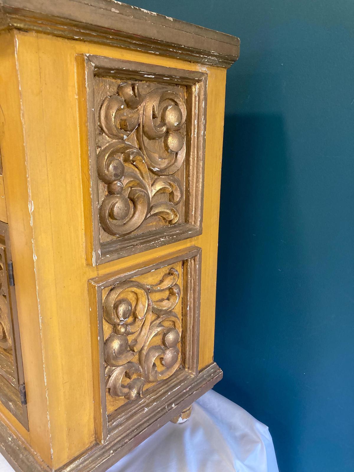 Antique Hand Carved Yellow and Gold Small Painted Wood Cabinet