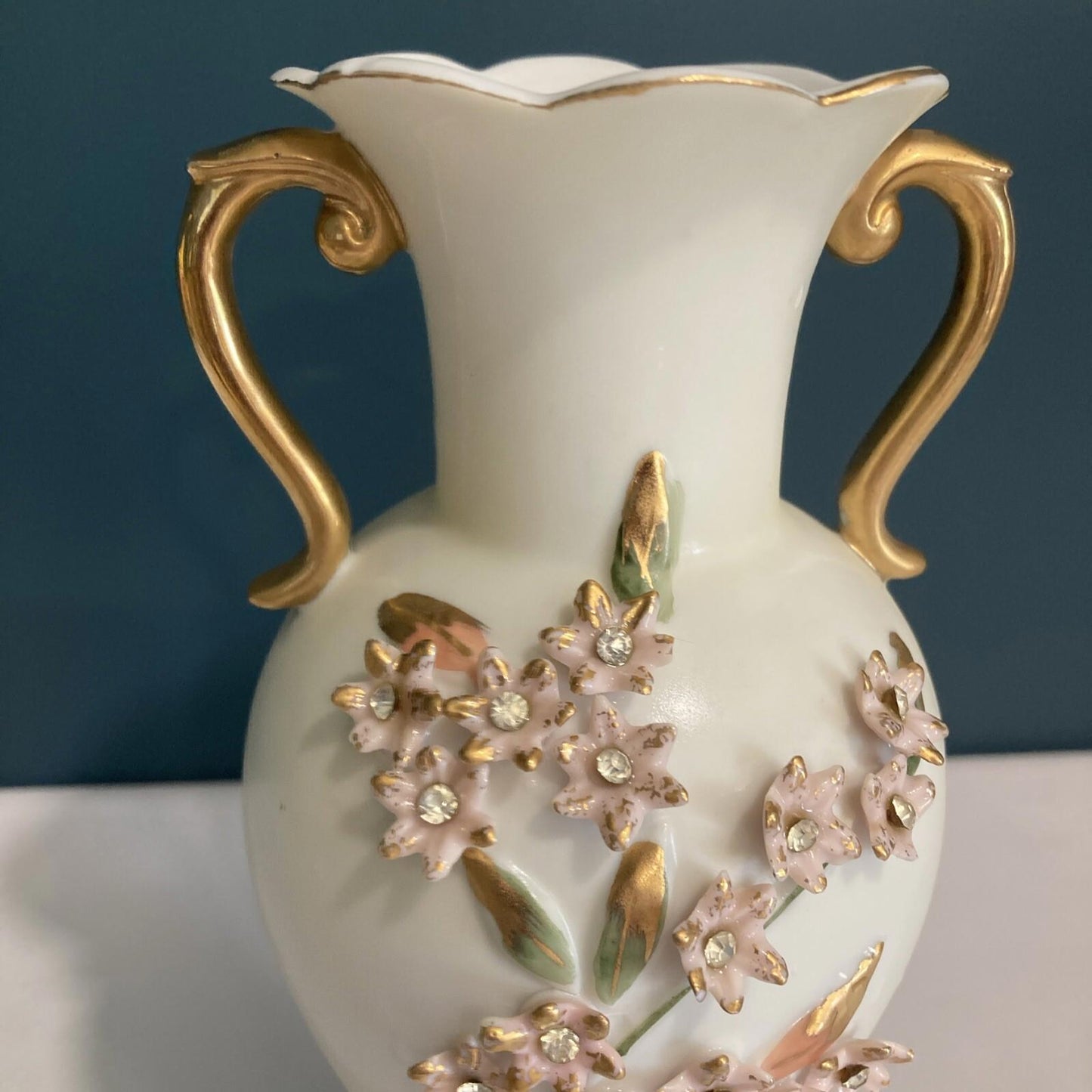 Vintage Porcelain Vase with Gold Handles and Floral Relief