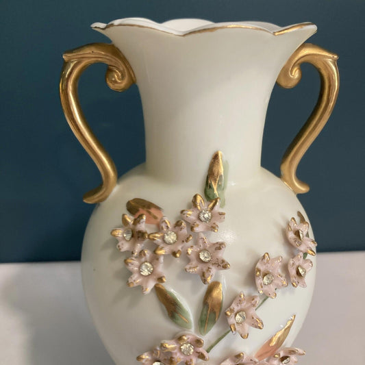 Vintage Porcelain Vase with Gold Handles and Floral Relief