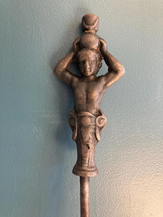 Antique Cast Iron Fireplace Poker Figural Man With Pot on Head