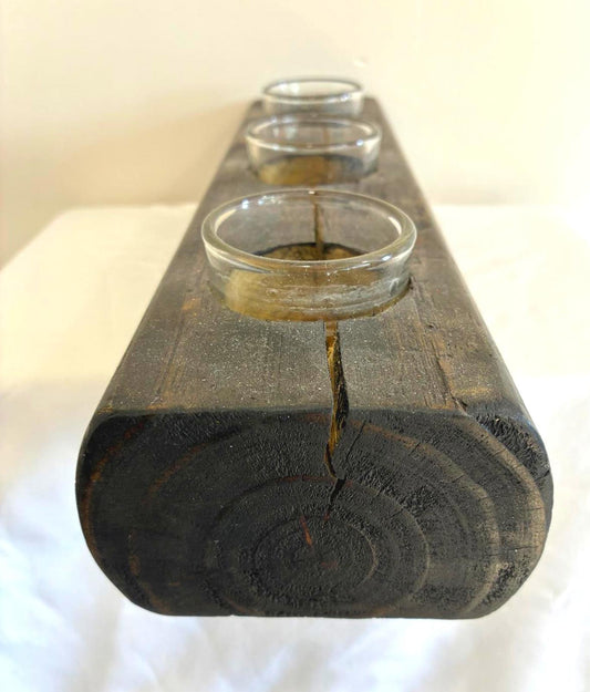 Vintage Wood Candle Holder with Glass Inserts Rustic Farmhouse Decor