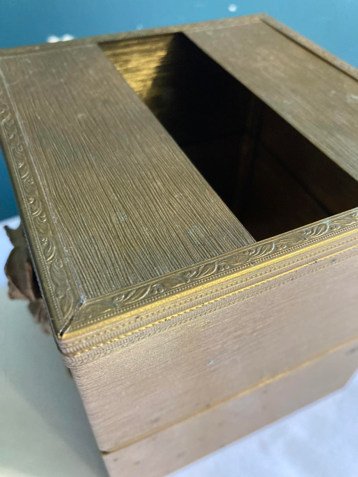 Hollywood Regency Gold Metal Tissue Box Cover with Raised Rose Detail