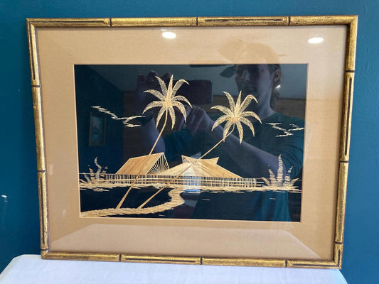 Vintage Straw Art Picture - Mid-Century Tropical Asian Scene