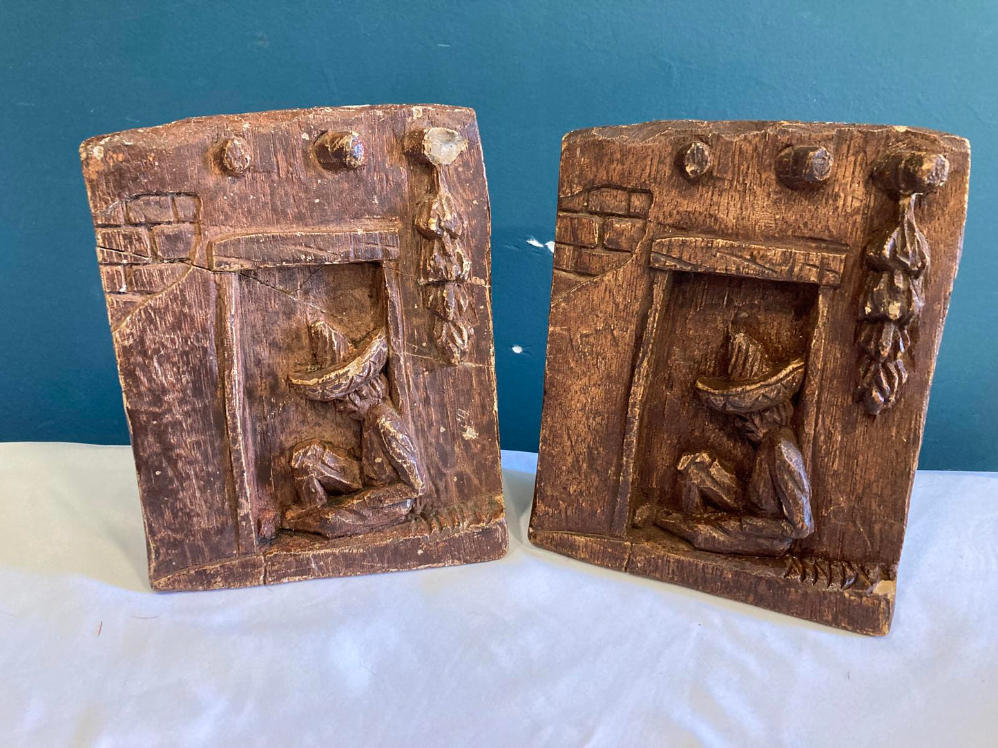 Vintage Ceramic Bookends with Seated Hispanic Man – Rustic Brown Folk Art Pair