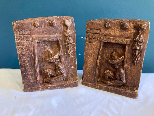 Vintage Ceramic Bookends with Seated Hispanic Man – Rustic Brown Folk Art Pair